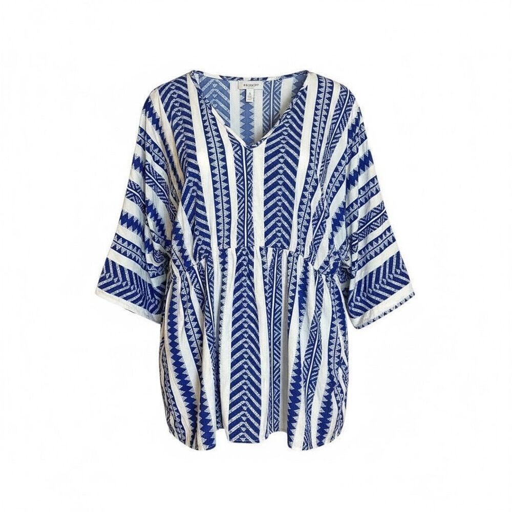 Geometric Print V-Neck Short Sleeve Peplum‎ Blouse Top Blue White Size 2XL